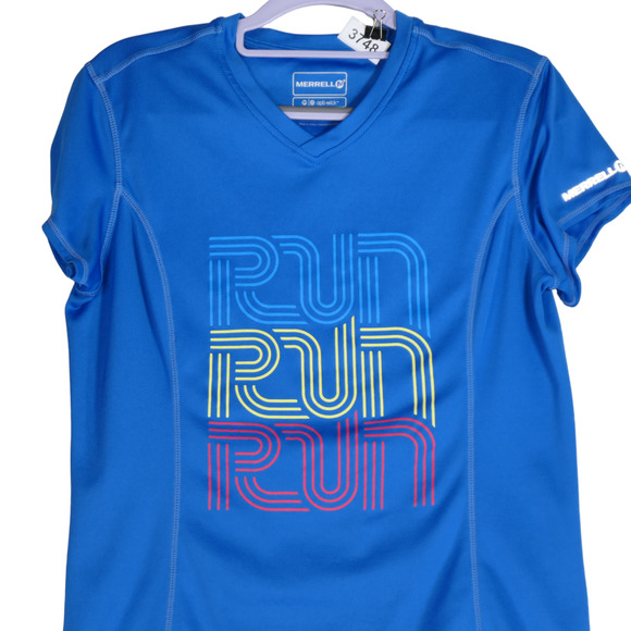 Merrell Performance Top Womens Medium Blue Run Run Run Graphic Opti Wick Active - Picture 5 of 13